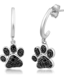 Alternative view of Jewelili Sterling Silver 3/8 Cttw Treated Black Round Diamonds Dog Paw Dangle Earrings