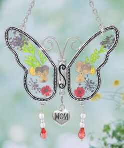 Mom Butterfly Suncatcher with Pressed Flower Wings and Silver Heart Charm - Hanging Height 8" 1 27 61goDYi2CAL