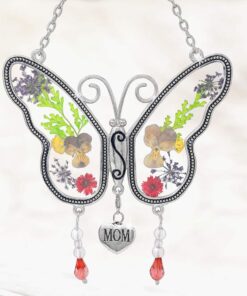 Mom Butterfly Suncatcher with Pressed Flower Wings and Silver Heart Charm - Hanging Height 8" 1 25 61gwMfiqMqL