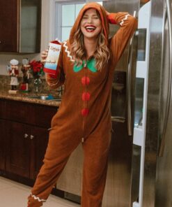 Tipsy Elves Christmas Onesies for Adults - Comfy Men’s and Women’s Matching Holiday Jumpsuits with Convenient Pockets Medium Gingerbread Brown 14 61h DWLq97L