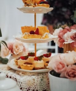 BonNoces 3-Tier Porcelain Embossed Cupcake Stand - Pure White Rimmed with Gold Dessert Cake Stand - Pastry Serving Tray Platter for Tea Party, Wedding and Birthday 31 61hTIUfTbhL