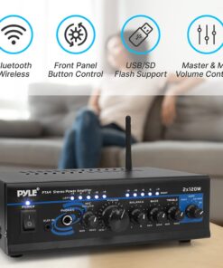 Pyle Home Home Audio Power Amplifier System with Bluetooth - 2X120W Mini Dual Channel Mixer Sound Stereo Receiver Box w/ RCA, AUX, Mic Input - For Amplified Speakers, PA, Theater, Studio Use -PTA4 22 61hVx060ENL