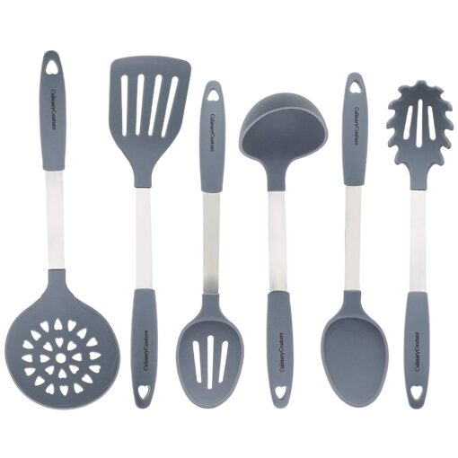 Culinary Couture 6-Piece Stainless Steel & Silicone Kitchen Utensils Set, Silicone Cooking Utensils, Heat Resistant Kitchen Cooking Utensils Set, Includes a Bonus Recipe E-Book, Grey 6 Piece - Large Gray