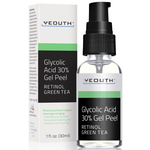 YEOUTH Glycolic Acid Peel for Face Professional 30% Gel with Retinol & Green Tea, Chemical Peel for Face at Home for Wrinkles, Dark Spots & Acne, Skin Care Chemical Exfoliant, Glycolic Acid Serum Glycolic 30% Peel 1oz