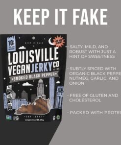 Louisville Vegan Jerky - Smoked Black Pepper, Vegetarian & Vegan-Friendly Jerky, 21 Grams of Non-GMO Soy Protein, 240 Calories Per Bag, Gluten-Free Ingredients (3 oz) 3 Ounce (Pack of 1) 15 61ia0Hk3h1L