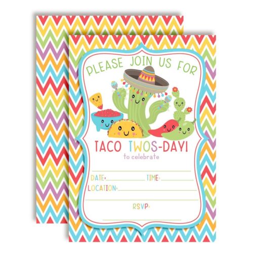 Taco TWOS-DAY Adorable 2nd Birthday Fiesta Party Invitations, 20 5"x7" Fill In Cards with Twenty White Envelopes by AmandaCreation