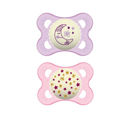 MAM Night Pacifiers (2 Pack, 1 Sterilizing Pacifier Case), MAM Pacifiers 0-6 Months, Best Pacifier for Breastfed Babies, Glow in the Dark Pacifier, Baby Girl Pacifier 2-Pack