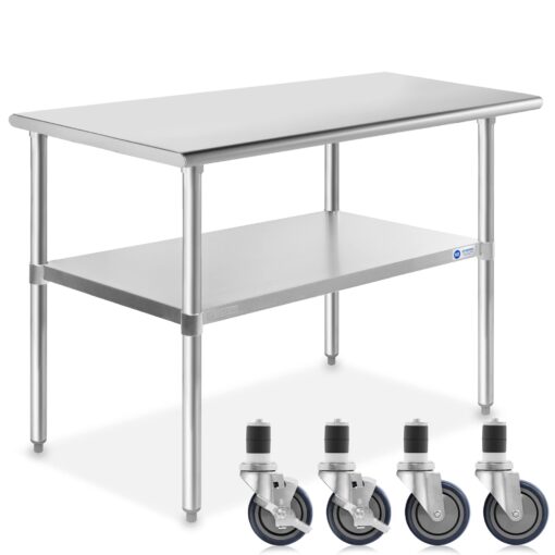 GRIDMANN NSF Stainless Steel Work & Prep Table 48 x 24 Inches with Caster Wheels and Under Shelf for Restaurant, Home, Hotel 48 in Long x 24 in Deep