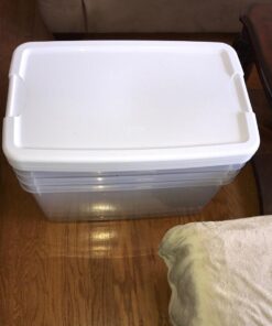Sterilite 70 Qt Ultra Latch Box, Stackable Storage Bin with Latching Lid, Organize Clothes, Sport Gear in Basement, Clear with White Lid, 4-Pack 70 Quart 45 61jGcv1XAsL