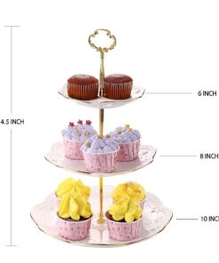 Alternative view of BonNoces 3-Tier Porcelain Embossed Cupcake Stand - Pure White Rimmed with Gold Dessert Cake Stand - Pastry Serving Tray Platter for Tea Party, Wedding and Birthday