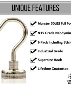 Strongman Tools Strong Magnetic Hooks Heavy Duty Magnet Hooks for Hanging - with Neodymium & Non Scratch Adhesive - Magnetic Hook for Cruise, Wall, Locker, Hanger and More - 6 Pack Set, 50 lbs 50lbs Hooks 28 61kEXTg p9L 1