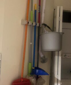 HOME IT Mop And Broom Holder - Garage Storage Systems with 5 Slots, 6 Hooks, 7.5lbs Capacity Per Slot - Garden Tool Organizer For 11 Tools - For Home, Kitchen, Closet, Laundry Room - Off-White 36 61kKZKQEHlL