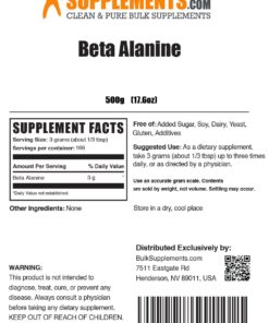 BULKSUPPLEMENTS.COM Beta Alanine Powder - Beta Alanine Pre Workout, Beta Alanine 3000mg - Beta Alanine 500g, Beta Alanine Bulk - Unflavored, Pure & Gluten Free, 3g per Serving, 500g (1.1 lbs) 166 Servings (Pack of 1) 22 61l GJT7S9L 2