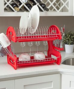 2 Tier Dish Drainer, By Home Basics (Red) Dish Rack For Kitchen Counter, With Cutlery Holder and Cup Slots Red 28 61lWWZBHJtL