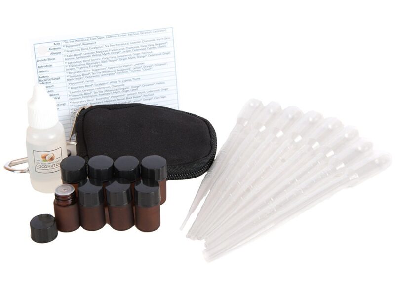 Catalog 8 Essential Oil DIY Keychain Kit with (8) 2ml Drams, Coconut Oil, Ailment Card, Pipettes, Blank Cap Stickers - 3" Long (Black)