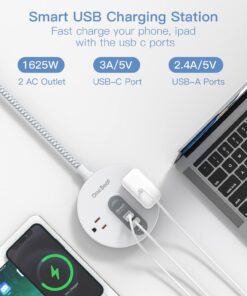 Power Strip Surge Protector with USB C - Extension Cord Flat Plug with 2 Widely AC Outlet and 3 USB, Small Desktop Charging Station with 5 ft Power Cord, Compact for Travel, Home and Office (490J) White 18 61m87J3fyML