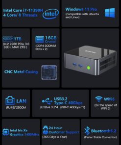 GMKtec Mini PC Windows 11 Pro Intel Core i7-11390H (Turbo 5.0 GHz) 1TB SSD 16GB DDR4, Desktop Mini Computers WiFi 6, USB3.2, BT 5.2, DP, HDMI, RJ45 2.5G Intel i7-11390H 16GB+1T 22 61m9TMjb8XL