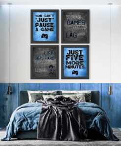 Alternative view of You Can't Just Pause A Game - Video Gamer Themed Wall Art Decor Prints for a Gaming Room (Set of 4) Poster Sign Blue Black Grey Bedroom