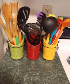 ienjoyware Kitchen Utensil Holder Set (4 Pieces) - 3 Ceramic Crocks & 1 Portable Wire Caddy - Multi-Color Multicolor 20 61mNI96uyQL