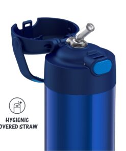 THERMOS FUNTAINER 12 Ounce Stainless Steel Vacuum Insulated Kids Straw Bottle, Blue Solid Color 26 61mTnFJI1L