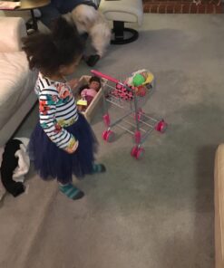 Precious Toys Shopping Cart with Food, Play Grocery Cart with 23 Pieces, Fits 18 inch Baby Dolls, Smooth Rolling Wheels, Folds for Easy Storage, Gift for Kids Ages 2+,Pink & Black 44 61mayhqqRpL