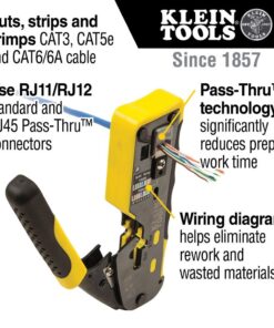 Klein Tools VDV226-110 Ratcheting Modular Data Cable Crimper / Wire Stripper / Wire Cutter for RJ11/RJ12 Standard, RJ45 Pass-Thru Connectors 33 61n9Jh4rjtL