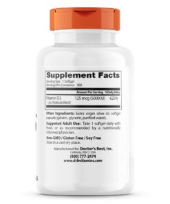 Doctor's Best Vitamin D3 5,000 IU for Healthy Bones, Teeth, Heart and Immune Support, Non-GMO, Gluten-Free, Soy Free, 360 Count (Pack of 1) Unflavored 360S/G 16 61npL m3E7S