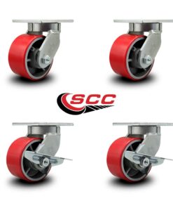 Extra Heavy Duty Kingpinless 6” x 3” Red Polyurethane Tread on Metal Core Caster Set - 2 Swivel with Brakes/2 Swivel - 8,000 lbs. Total Capacity - Service Caster Brand - Set of 4 6" Wheel 4 Swivel w/2 Side Lock Brakes 7 61o3a8V2z0L