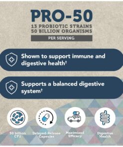 Vitamin Bounty Pro-50 Probiotics - 13 Probiotic Strains, Gut Health, Digestive Health, Probiotic for Women and Men, Delayed Release Capsule with Prebiotic Greens - 60 Capsules 60 Count (Pack of 1) 24 61oAdt0395L