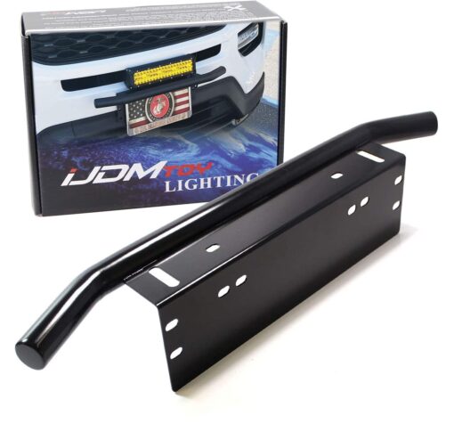 iJDMTOY AA3117 Universal Fit Bull Bar Style Black Painted Stainless Steel Front Bumper License Plate Mount Bracket Holder Compatible with Off-Road Lights, LED Work Lamps, LED Lighting Bar