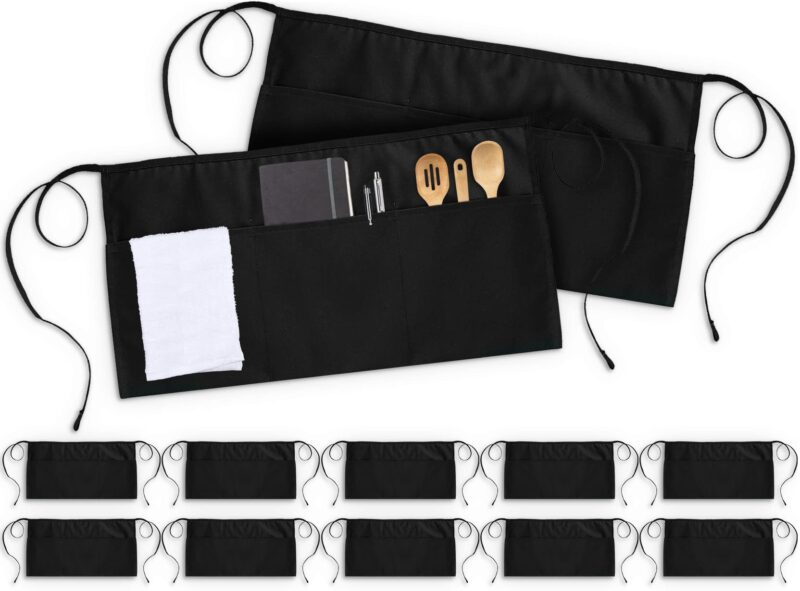 Utopia Wear 3 Pockets Waist Apron [Pack of 12], Server Waitress Short Apron for Women Men, Kitchen, Restaurant and Crafting 24x12 Inch (12-Pack) Black