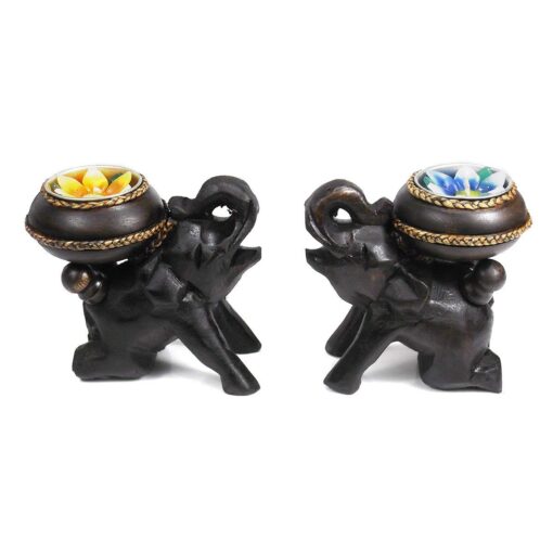 Two Elephants Carved Rain Tree Wooden Candle Holder Set | Home Decor Candle Holders | Living Room Decor Candle Holder | Elephant Candle Holder | Kitchen Bedroom Décor Candle Holders