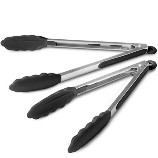 Vivree Kitchen Tongs Set - Salad & Grill Stainless Steel Serving Tongs with Silicone Tips - 9"&12" (Black) Black