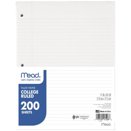 Mead Loose Leaf Paper, Notebook Paper, College Ruled Filler Paper, Standard, 8.5 x 11, 200 Sheets (17208), White Pack of 1