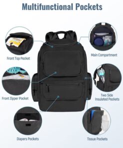 Mancro Diaper Bag Backpack, Multifunctional Dad Diaper Bag with 2 Side Insulated Pockets, Travel Water Resistant Baby Diaper Backpack for Men Women with Stroller Straps, Black 34 61q29Ja69L