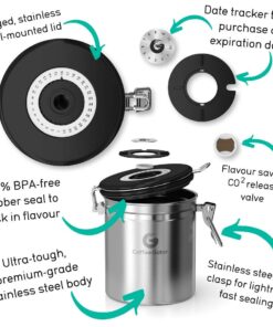 Coffee Gator Stainless Steel Canister - Medium 16oz, Silver Coffee Grounds and Beans Container with Date-Tracker, CO2-Release Valve, and Measuring Scoop - Ideal Coffee Lovers Gifts for Her - 2 Pack Travel Silver 32 61qN42DQXZL