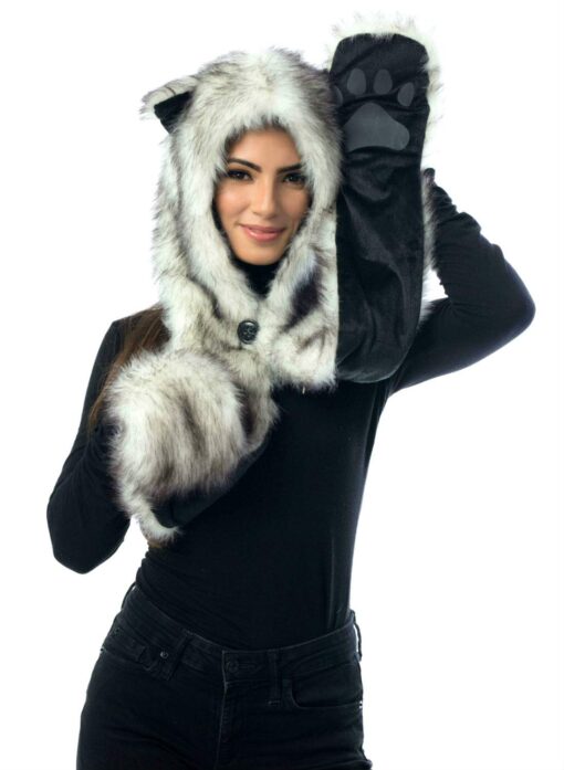 Husky Animal Hood Paws Ears Mittens Gloves