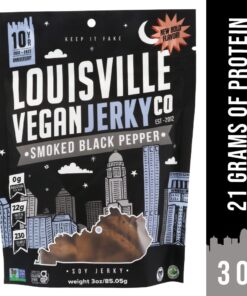 Louisville Vegan Jerky - Smoked Black Pepper, Vegetarian & Vegan-Friendly Jerky, 21 Grams of Non-GMO Soy Protein, 240 Calories Per Bag, Gluten-Free Ingredients (3 oz) 3 Ounce (Pack of 1) 13 61qkx26k8HL