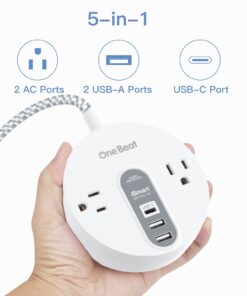 Power Strip Surge Protector with USB C - Extension Cord Flat Plug with 2 Widely AC Outlet and 3 USB, Small Desktop Charging Station with 5 ft Power Cord, Compact for Travel, Home and Office (490J) White 23 61rA2srtzZL