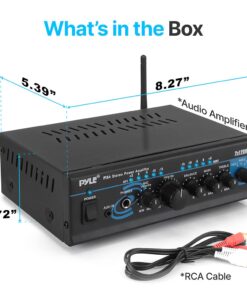 Pyle Home Home Audio Power Amplifier System with Bluetooth - 2X120W Mini Dual Channel Mixer Sound Stereo Receiver Box w/ RCA, AUX, Mic Input - For Amplified Speakers, PA, Theater, Studio Use -PTA4 26 61rBtCkscRL