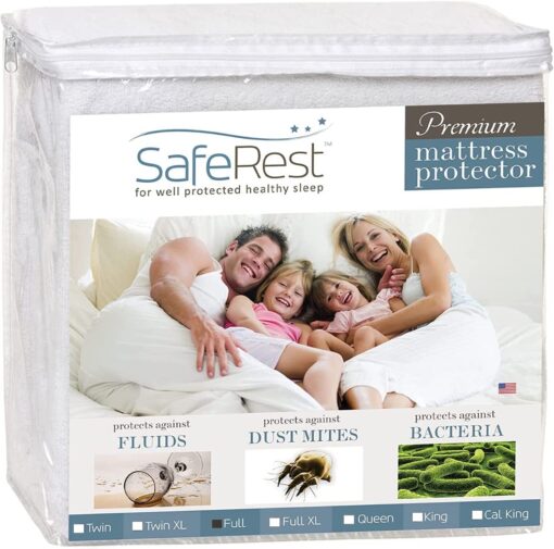 SafeRest 100% Waterproof Full Size Mattress Protector - Fitted with Stretchable Pockets - Machine Washable Cotton Mattress Cover for Bed - Perfect Bedding Airbnb Essentials for Hosts