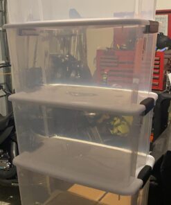 Sterilite 70 Qt Ultra Latch Box, Stackable Storage Bin with Latching Lid, Organize Clothes, Sport Gear in Basement, Clear with White Lid, 4-Pack 70 Quart 33 61rXPEf 76L