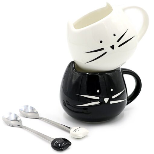 Teagas Cat Coffee Mugs for Crazy Cat Lady - Black & White Ceramic Cat Coffee Mugs and Cute Cat Spoons Set for Coffee Tea 12oz Black/White