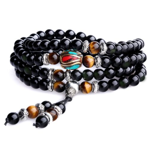 COAI Black Obsidian Stone Bracelet Necklace Mala Beads 108 Tiger Eye