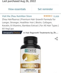 Zhou Hairfluence, Hair Growth Supplement with Biotin 5000mcg, Collagen, Keratin, Vitamin A, C, D3 & B12, Stronger Hair Skin and Nails, Non-GMO, Gluten Free, 60 Veg Caps 53 61tBqqZ0PkL