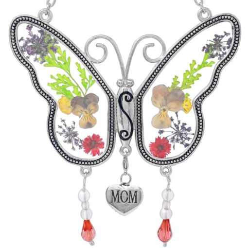 Mom Butterfly Suncatcher with Pressed Flower Wings and Silver Heart Charm - Hanging Height 8" 1