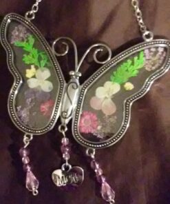 Mom Butterfly Suncatcher with Pressed Flower Wings and Silver Heart Charm - Hanging Height 8" 1 34 61tQnd3P zL