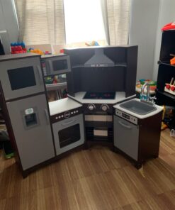 Amazon Basics Kids Corner Wooden Kitchen Toy Playset with Stove, Oven, Sink, Fridge and Accessories, for Toddlers, Preschoolers, Children Age 3+ Years, Espresso/Gray, 39.37"L x 28.35"W x 35.04"H Corner Kitchen 33 61tfZZgCNmL