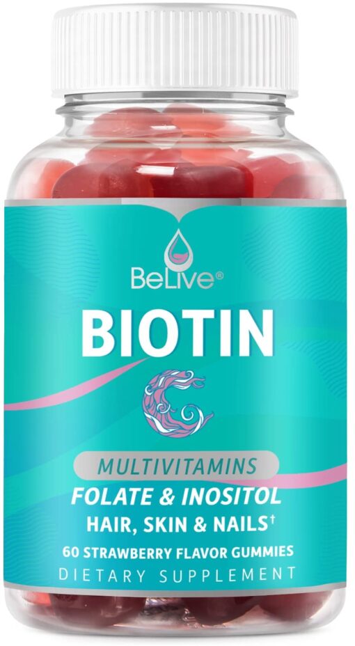 BeLive Biotin Gummies with MultiVitamins, Folate, Inositol – Supports Hair Growth, Healthy Skin & Nails – Vegan, Pectin Based – Strawberry Flavor (1) 60 Count (Pack of 1)