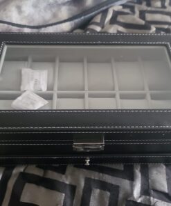 SONGMICS 12-Slot Watch Box, Lockable Watch Case with Glass Lid, 2 Layers, with 1 Drawer for Rings, Bracelets, Gift Idea, Black Synthetic Leather, Gray Lining UJWB012 Black + Gray 12 Slot 45 61tmnpM RSL